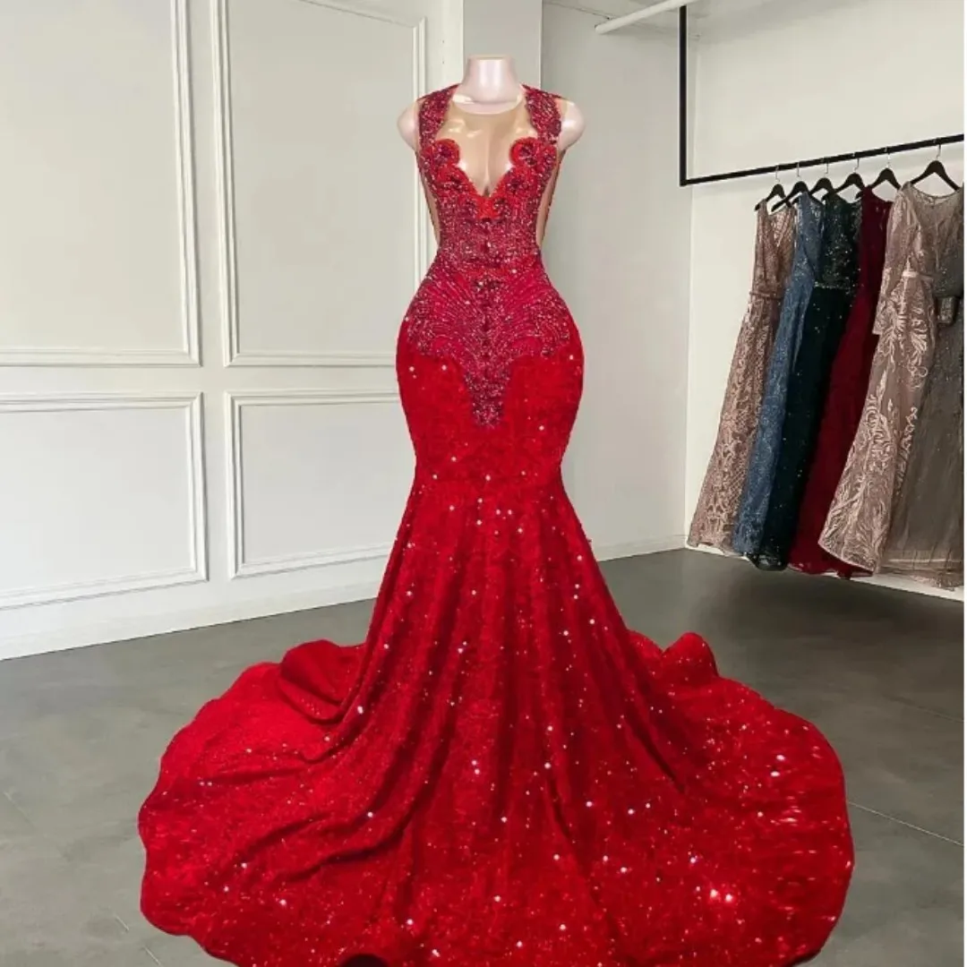 Mermaid Red Dresses 2024 Sheer Diamonds Style Sparkly Rhinestones Crystals Sequined Prom Party Formal Evening Gowns فساتين سهرة