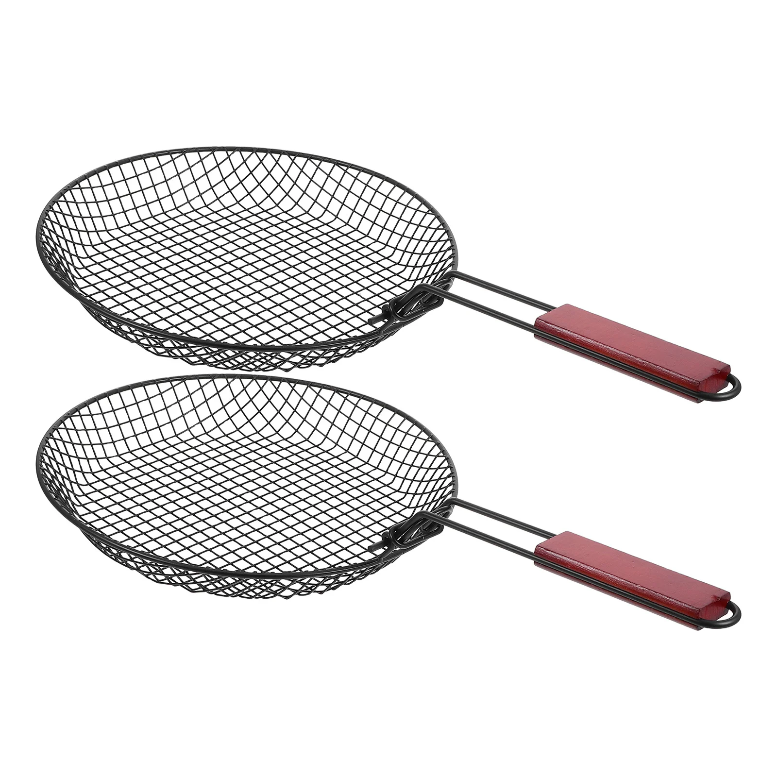 

2Pcs Foldable Stainless Steel Round Grill Basket Vegetable Fry Basket Heat Resistant Wooden Handle Outdoor Bbq Grilling