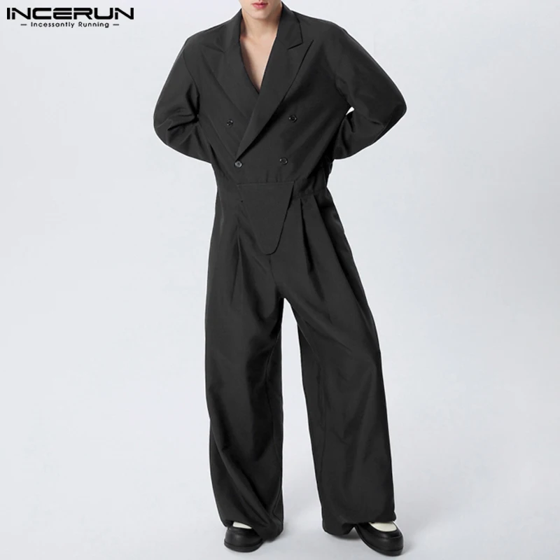 INCERUN Men Jumpsuits Solid Color Lapel Long Sleeve Double Breasted Rompers Men Streetwear 2024 Loose Fashion Casual Overalls