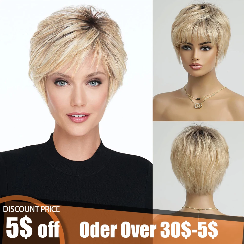 Short Ombre Blonde 100% Human Hair Wigs for Women Afro Remy Wig with Bang Pixie Cut Layered Human Hair Machine Made Women Wigs