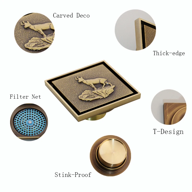 KEMAIDI 10cm Floor Drains Antique Brass Shower Floor Drain Bathroom Deodorant Euro Square Floor Drain Strainer Cover Grate Waste