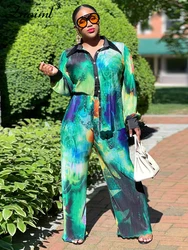 Znaiml Elegant Folding Printed Green Two 2 Piece Sets Women Long Sleeve Shirt and Wide Leg Pants Autumn Loose Vacation Outfits