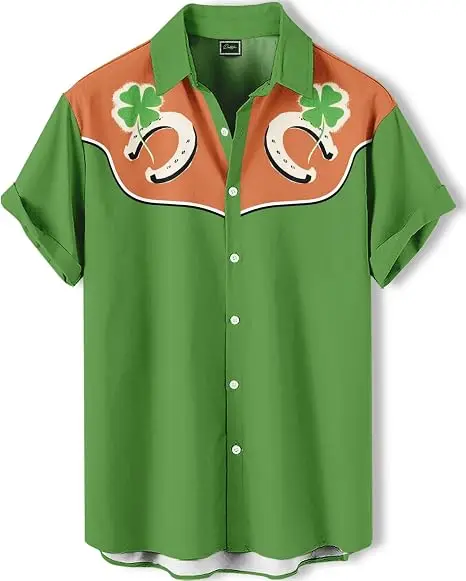 Men's Western Short Sleeve Shirt Lucky Clover Horseshoe Print Orange Green Color Block Lapel Button Down Casual Mens Clothing
