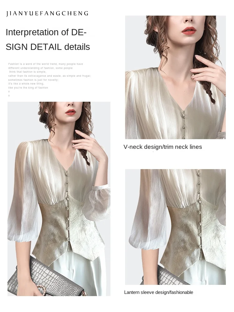 Vintage Court Style Women Chiffon Jacquard Shirt Lantern Sleeve V-Neck 2022 Spring Summer Tops Elegant Slimming-Fit Fashion Chic