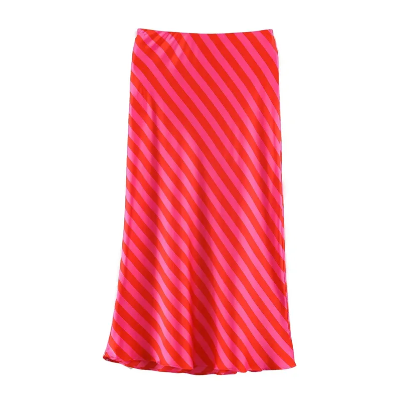 Maxdutti Women's 2026 Summer New Product Elastic Waist Striped Silk Satin Midi Half Length Skirt For Women