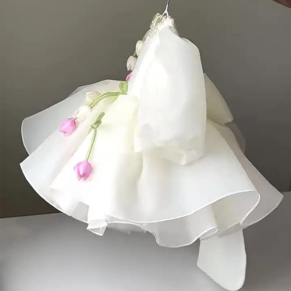 New Arrival Little Girl Garden Floral Party Dress, White Tulip Puff Mesh Gown, Children Birthday Photography Princess Costume