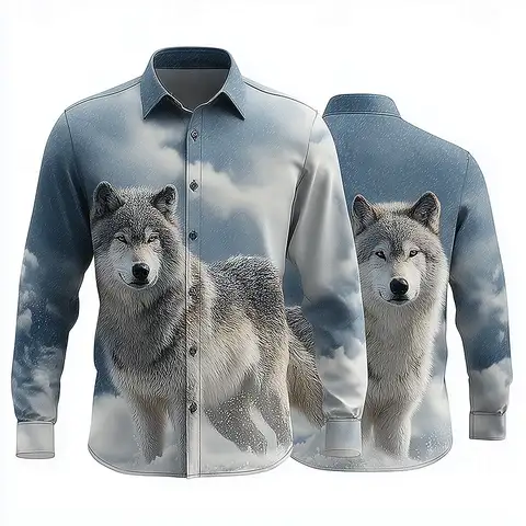 Men's Animal Wolf Forest Shirt Button Up Shirt Long Sleeve Vintage Casual Hunting Spring Fall Turndown 3D Print Collared Shirts