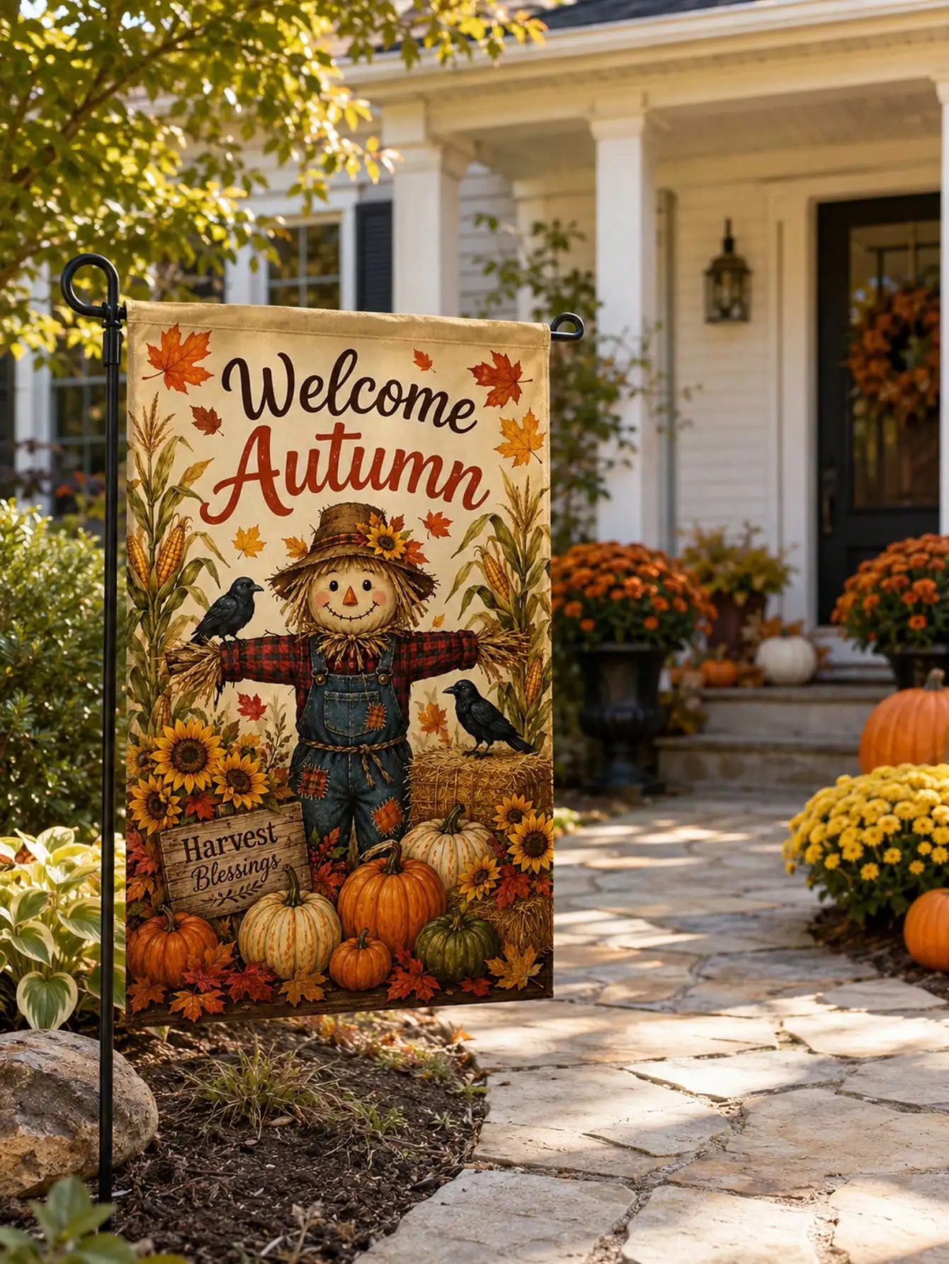 1pc Welcome Autumn Scarecrow Garden Flag, Rustic Linen Vertical Pumpkin Sunflower Corn Maple Leaf Crow Harvest Print Yard Flag Banner, Outdoor Lawn Porch Patio Farmhouse Welcome Decor, Suitable For Autumn, Thanksgiving, Harvest Festival