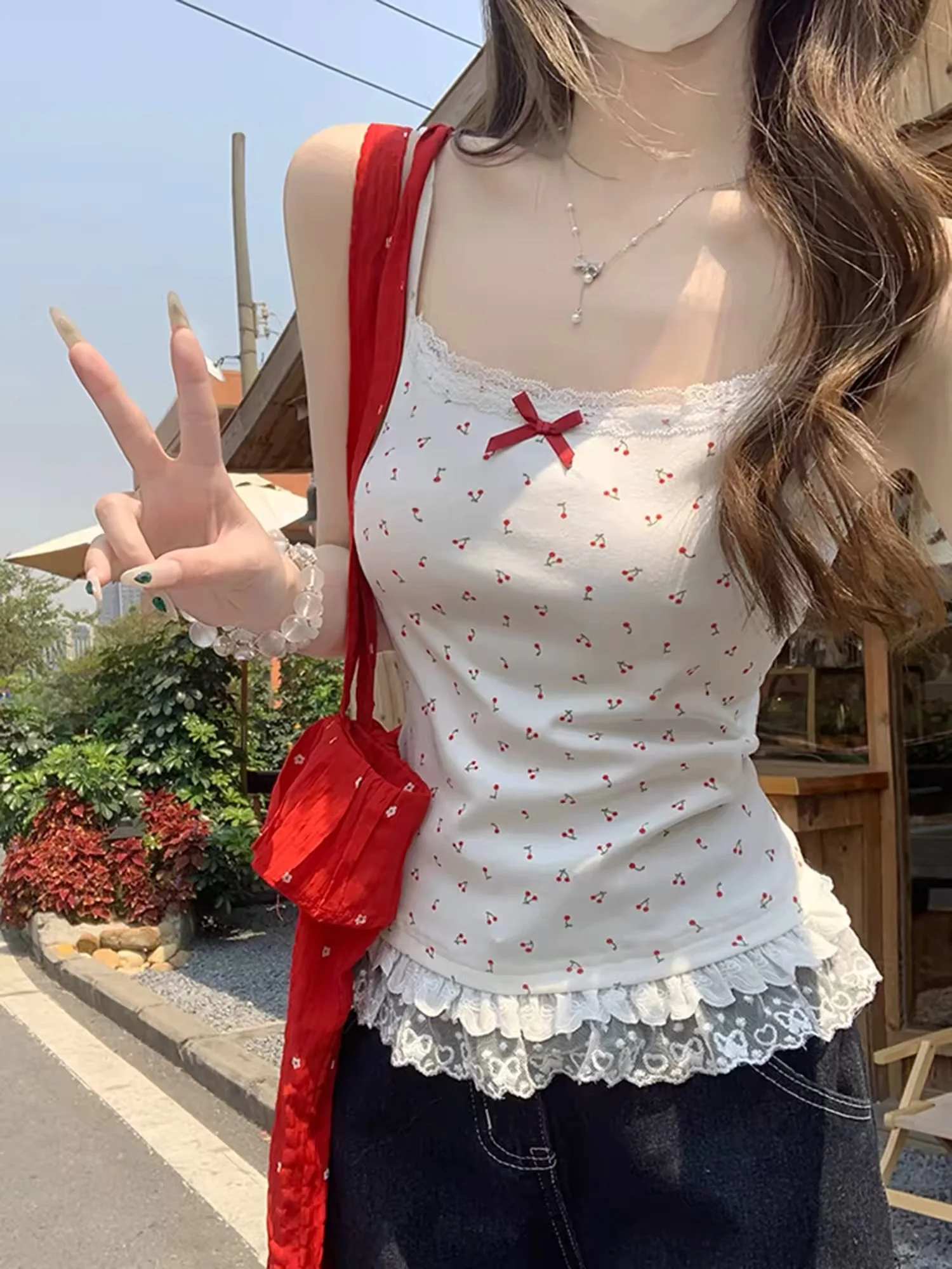Summer  Knot Lace Trim Camisole Tank Top Women plus Size Inner Wear Sexy Outerwear Cotton 95% Elastic Nylon 5%