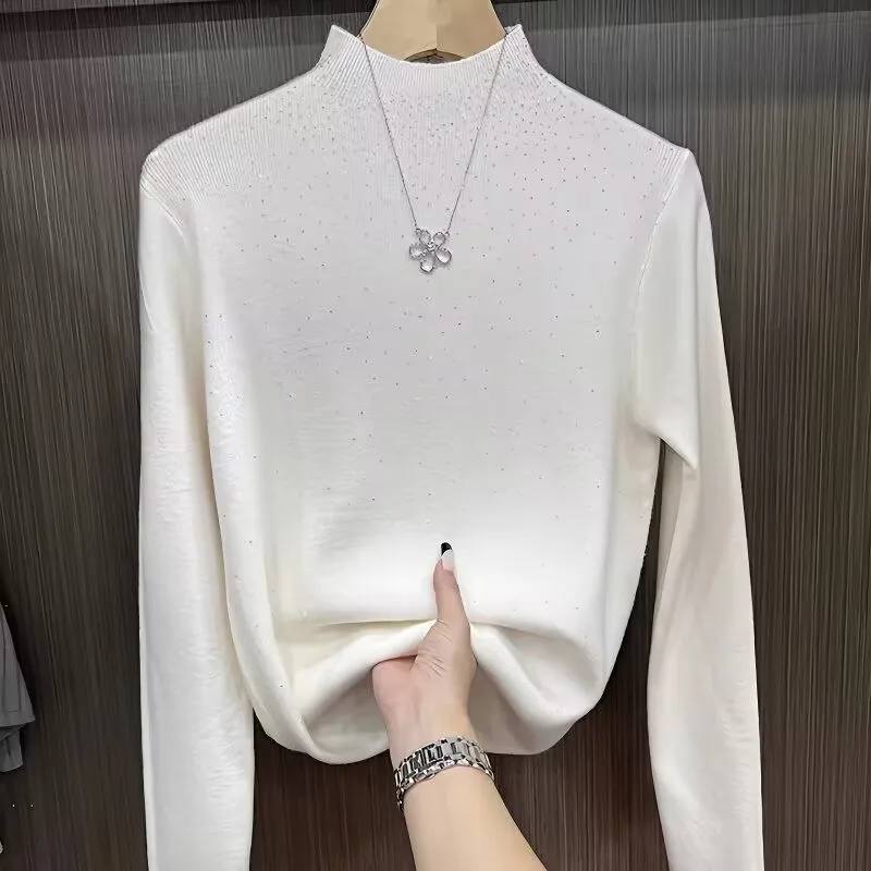 

2025 Luxury Hot Drill Turtleneck Knitted Sweater Autumn Winter Women Bling Sweater Female Soft Blouse Jumpers Bottom Shirt