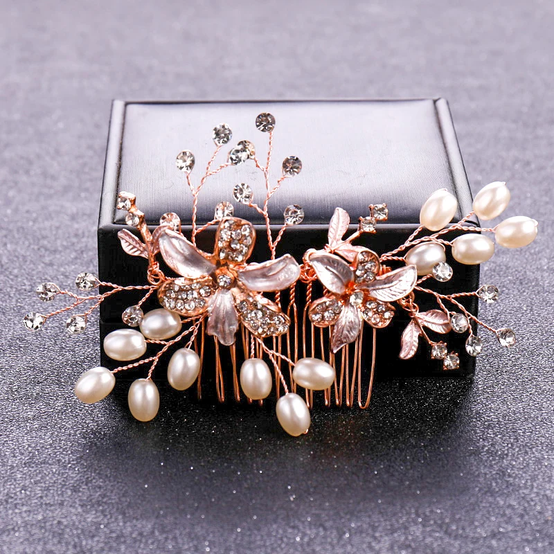 Rose Gold Color Crystal Pearl Flower Hair Comb Hairpin Headband For Women Bride Wedding Bridal Hair Accessories Jewelry Comb