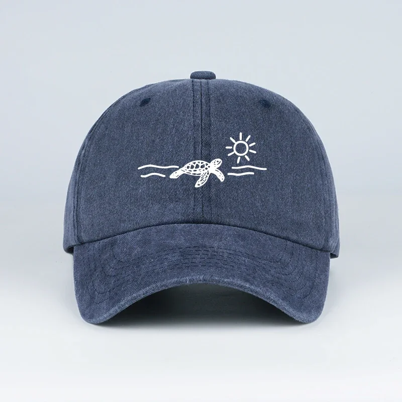 Vintage Washed Baseball Cap with Turtle, Sun, and Wave Print  Unisex Cap Perfect for Beach Vacations, Camping Best Seller