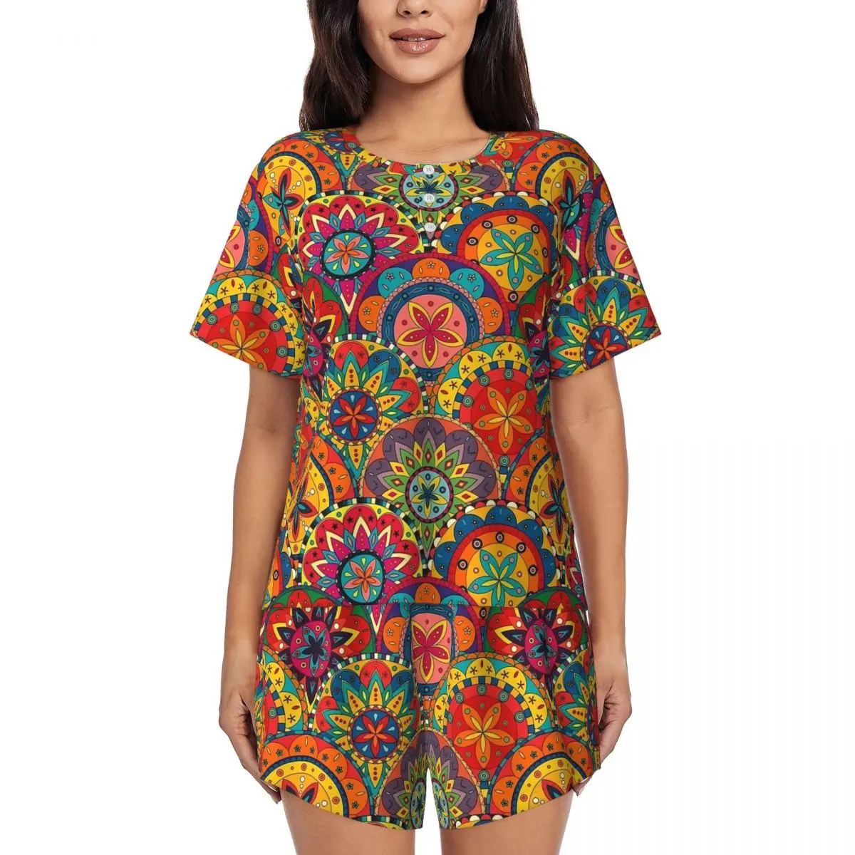 

Пижамы Flower Power с короткими рукавами в стиле ретро, мандала, комплект из 2 предметов, пижамные комплекты для сна, повседневная женская одежда для сна с круглым вырезом Kawaii