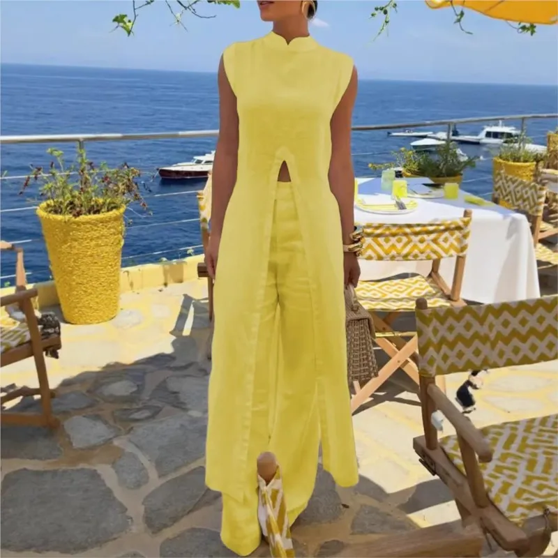 Summer New Versatile Casual Pants Set Sleeveless Solid Color Slit Loose Long Top+Wide Leg Pants Two-piece Set For Women Clothing