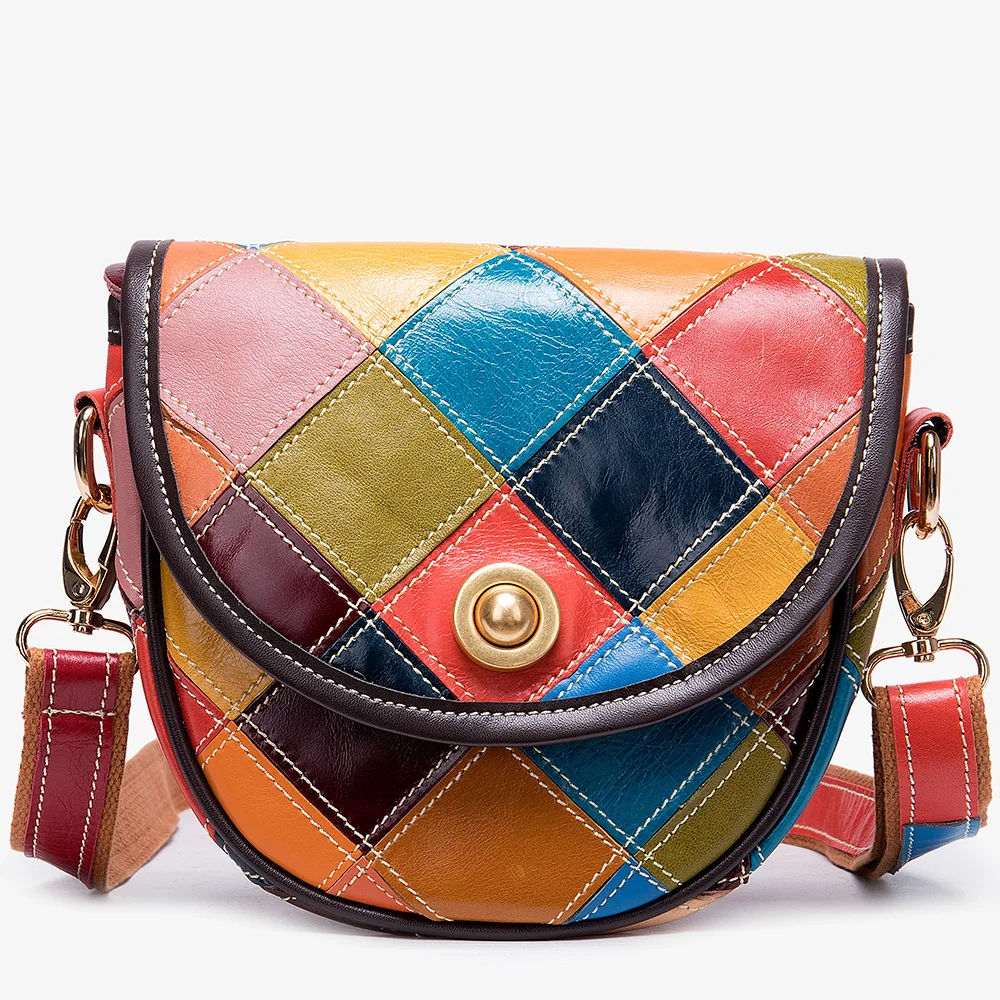 

Women Shoulder Bag Patchwork Vintage Messenger Crossbody Bags Genuine Leather Female Purses Phone Colorfull Small Bags