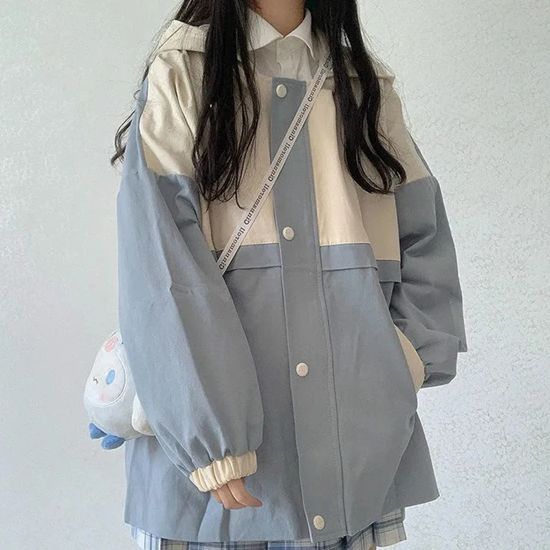 Harajuku Jackets Hooded Women Fall Winter Oversize Coat Korean Vintage Loose Pocket Kawaii Patchwork Casual Zip Preppy Outwear