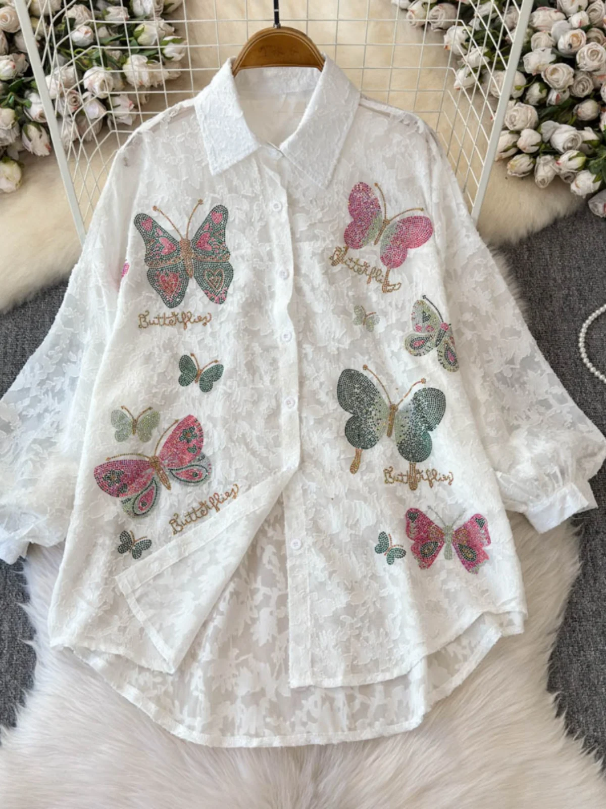 Japanese Style Anti-Aging 3D Embroidery Shirt Women's Loose Slimming Cute Top Fashionable Turn-down Collar Long Sleeve  Neck