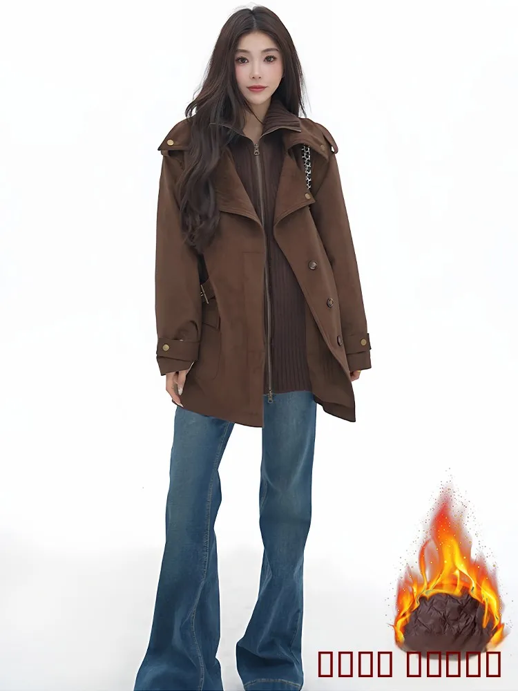 

Retro Thiened Cotton Jaet Women's Loose Fce Lined Warm Coat Faionable Autumn Winter New Sle Button Closure Long Sl...