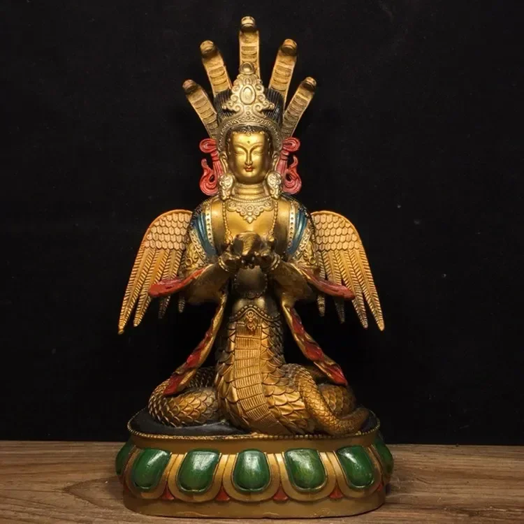 Tibetan Pure Copper Old Brass Hand Painted And Gold Painted Buddha Statue Of Tantric Sect Dragon Tree Bodhisattva Ornament