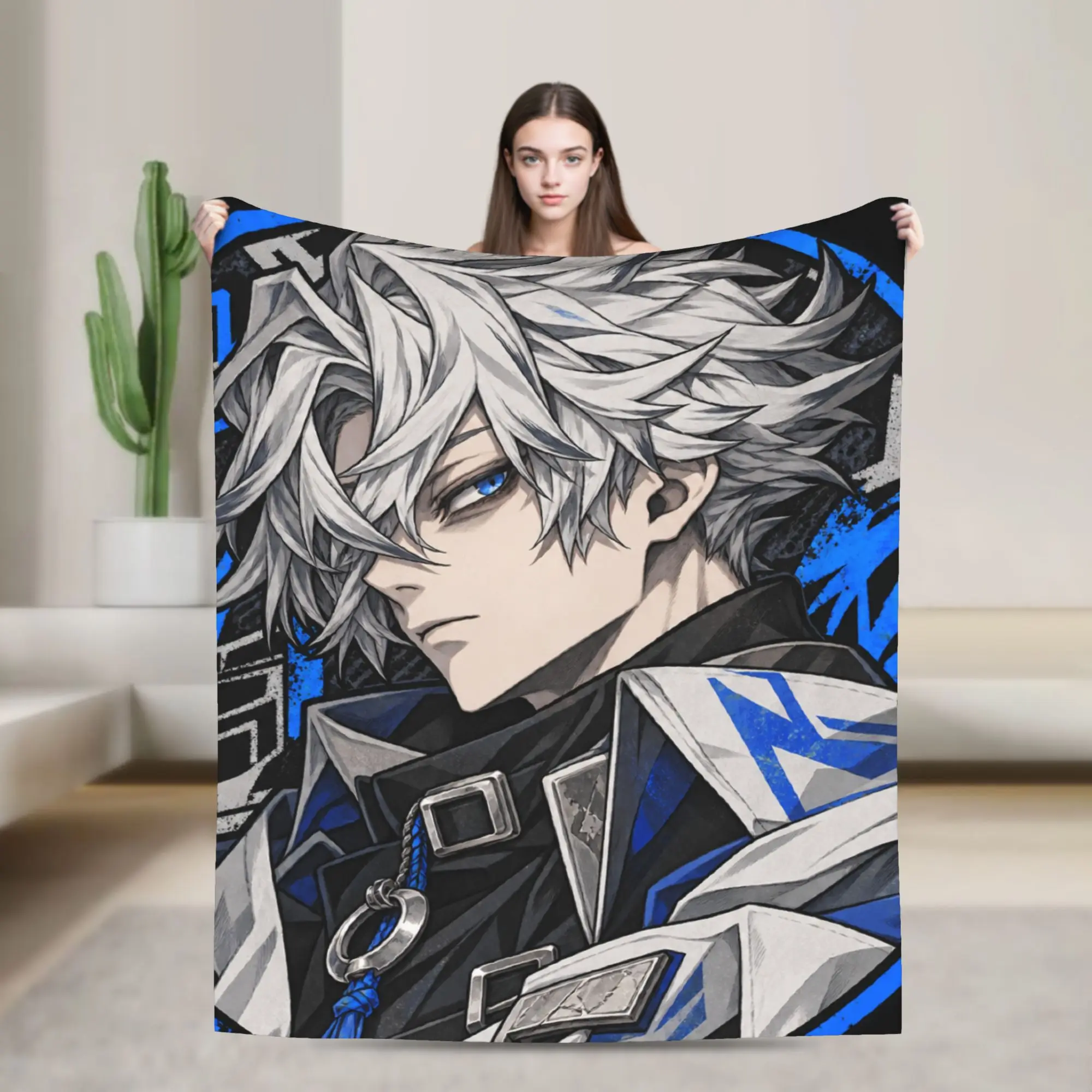 GACHIAKUTA Silver Haired Man Blue Runes Anime Blanket Warm Pattern Plush Bedding Throws Home Decor Flannel Bedspread Bed Cover