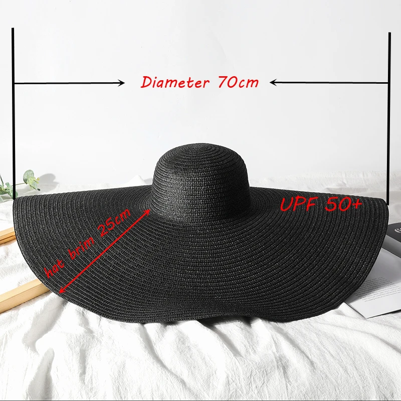 Sombreros de sol de ala ancha grande de 70cm para mujer, sombrero de playa de gran tamaño, sombrero de paja de viaje plegable, sombrero de