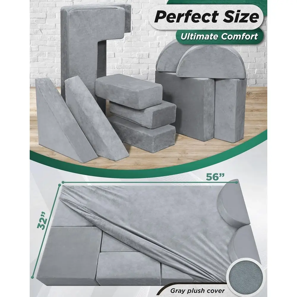طقم أريكة للأطفال مكون من 11 قطعة باللون الرمادي، أثاث غرفة اللعب للأطفال الصغار، أريكة مقطعية قابلة للتحويل مع وسائد إسفنجية #2