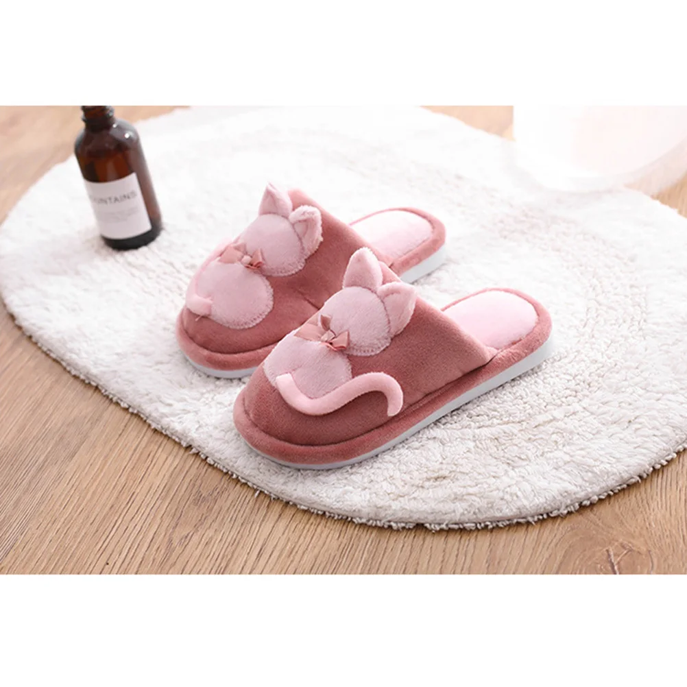 

1 пара теплых хлопковых тапочек с героями мультфильмов, домашние нескользящие тапочки в форме кошки для детей, осенне-зимний размер 21, арбузно-красный цвет