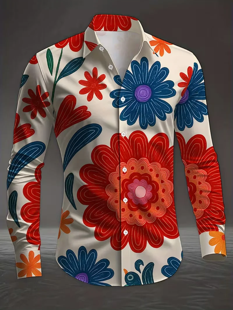 New men's casual shirt with 3D floral print, long sleeved button up collar shirt, men's fashionable shirt top