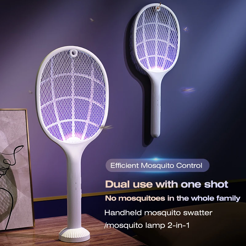 2-in-1 Smart Bug Zapper Racket w/ USB Rechargeable Base, Mosquito Trap & Fly Catcher, 3-Layer Safety Net, for Home/Patio/Camping