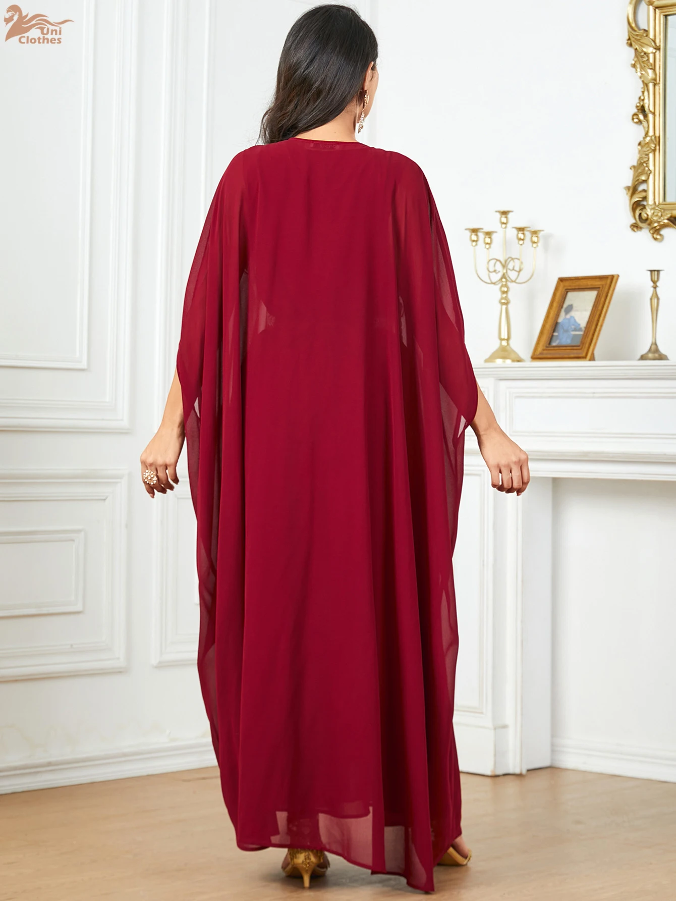 Uni Ramadan Muzułmańskie Eleganckie Haftowane Długie Sukienki Dwa Kawałki Z Szarfami Dubaj Marokańska Kebaya Batwing Sleeve Abayas