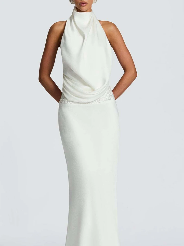 فستان سهرة مثير بدون ظهر من الساتان بطيات موضة فستان ذيل السمكة من الدانتيل الصلب فستان صيفي جديد مزين بالترتر فستان حفلات الورك النحيف