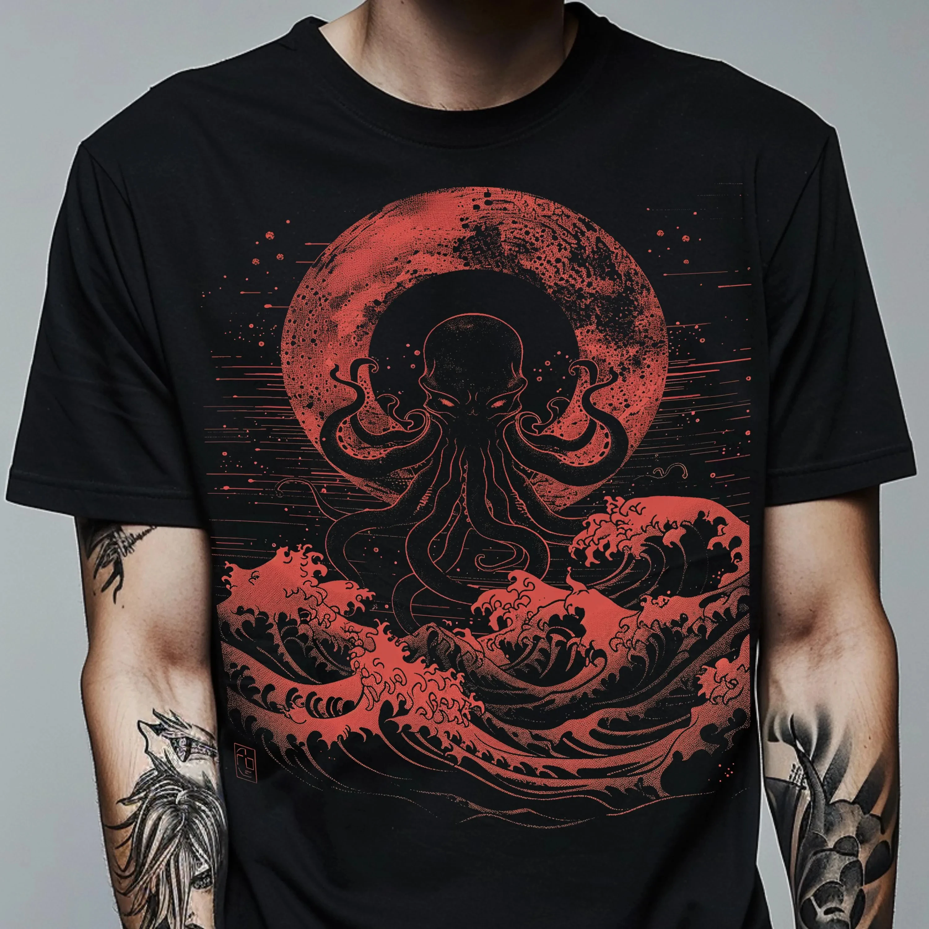 Cthulhu T-Shirt Japanese Wave Gothic Horror Alt Clothing Graphic T Shirts Retro Streetwear Crew-neck Short-sleeved Men T-shirt