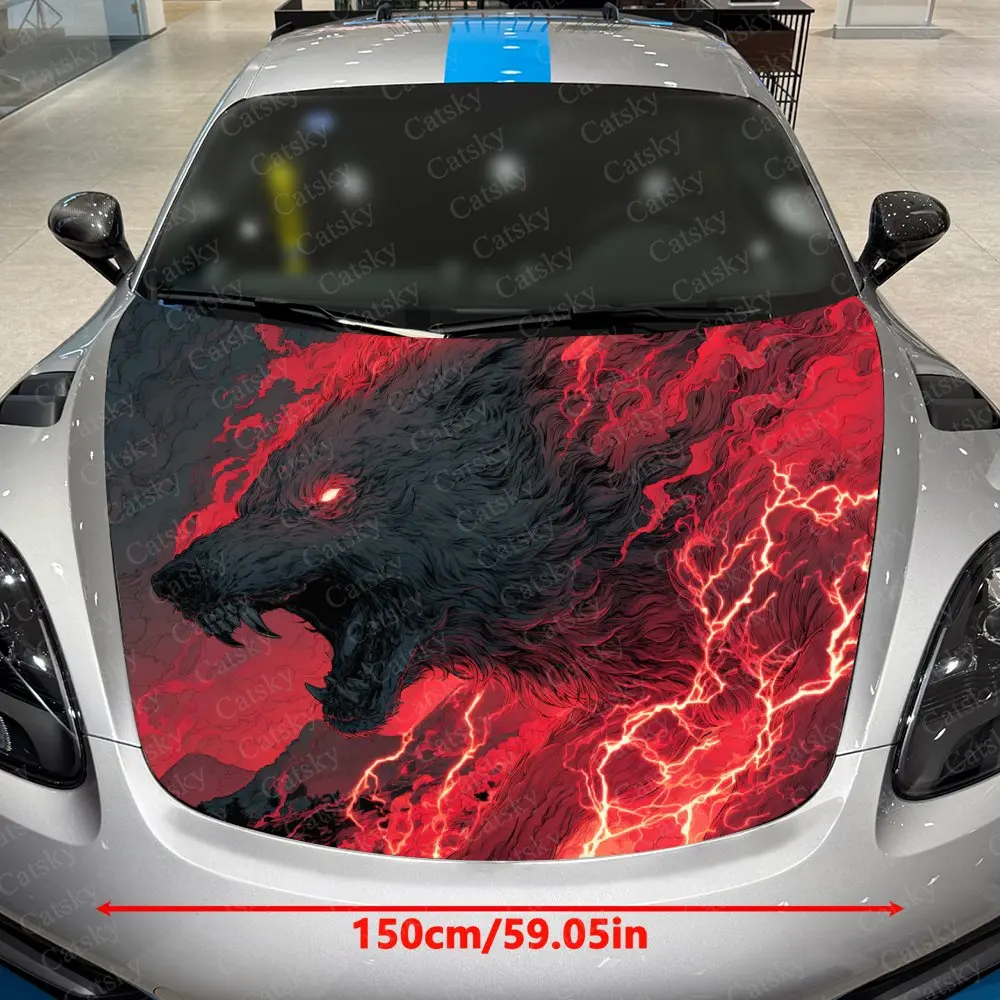 Red Lightning Wolf Car Hood Wrap - Waterproof PVC Self-Adhesive Decal, Scratch-Resistant, Durable Car & Truck Hood Cover
