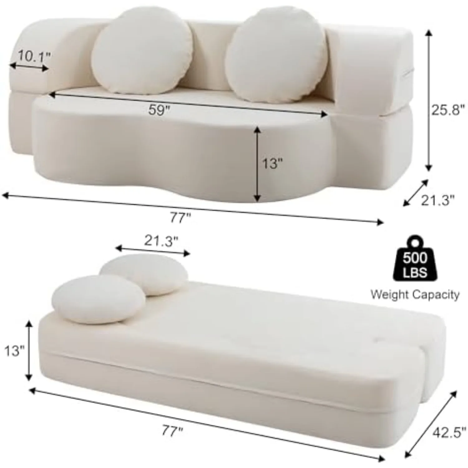 77” Convertible Sofa Bed, Folding Boneless Couch, Floor Sofa 2-in-1 Curved Couch for Small Living Room, Apartment