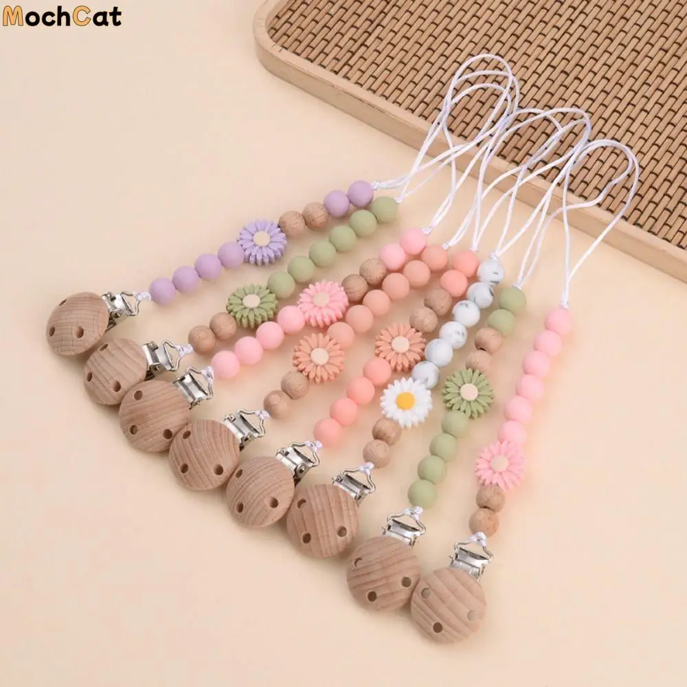 Soother Holder Pacifier Holder Clips Wood Dummy Clips Baby Pacifier Chain Flowers Anti-lost Nipple Holder Clips Toddler