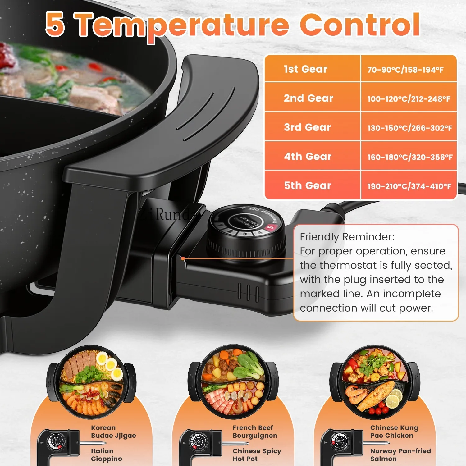 6L Large Capacity Electric Hot Pot with Divider, 5 Gear Adjustable Temperature Non-Stick Electric Cooker, Multifunctional Fondue Pot for 3-6 People with Cooking Tools view 4