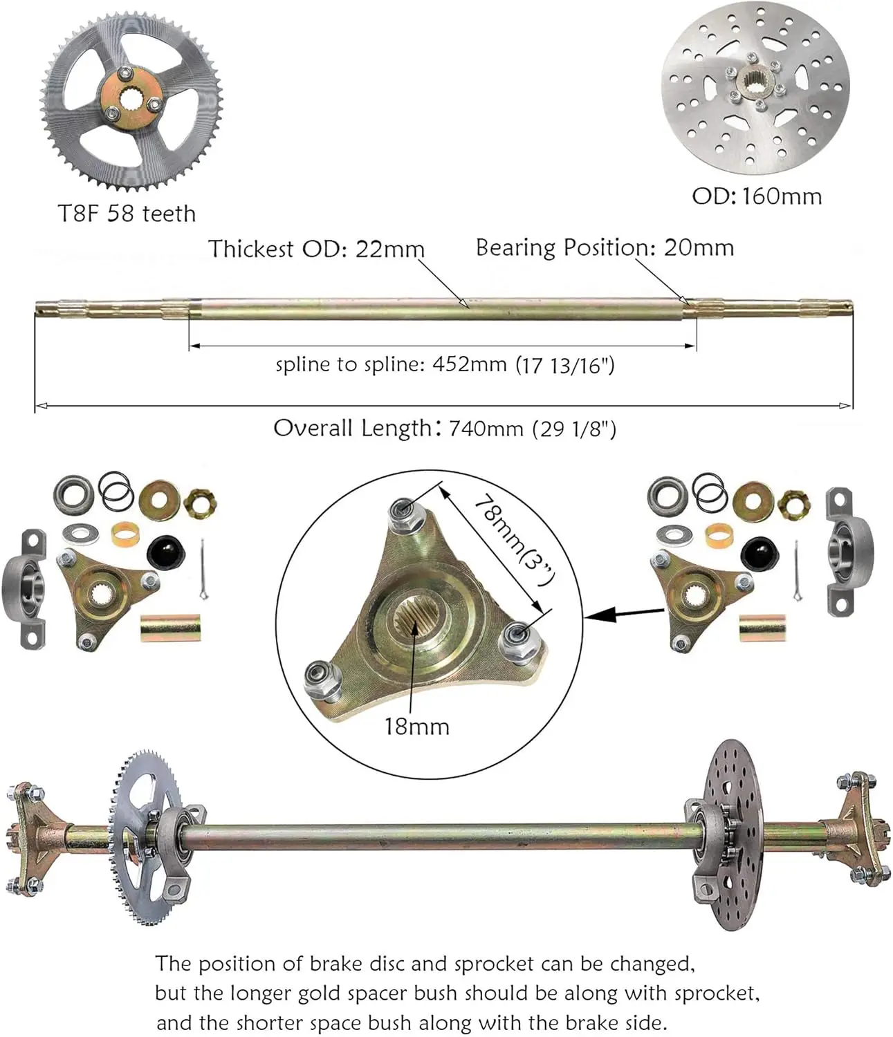 Rear Axle Assembly Complete Wheel Hub Kit & Brake Assembly for Go Kart Quad Trike Drift Bikes