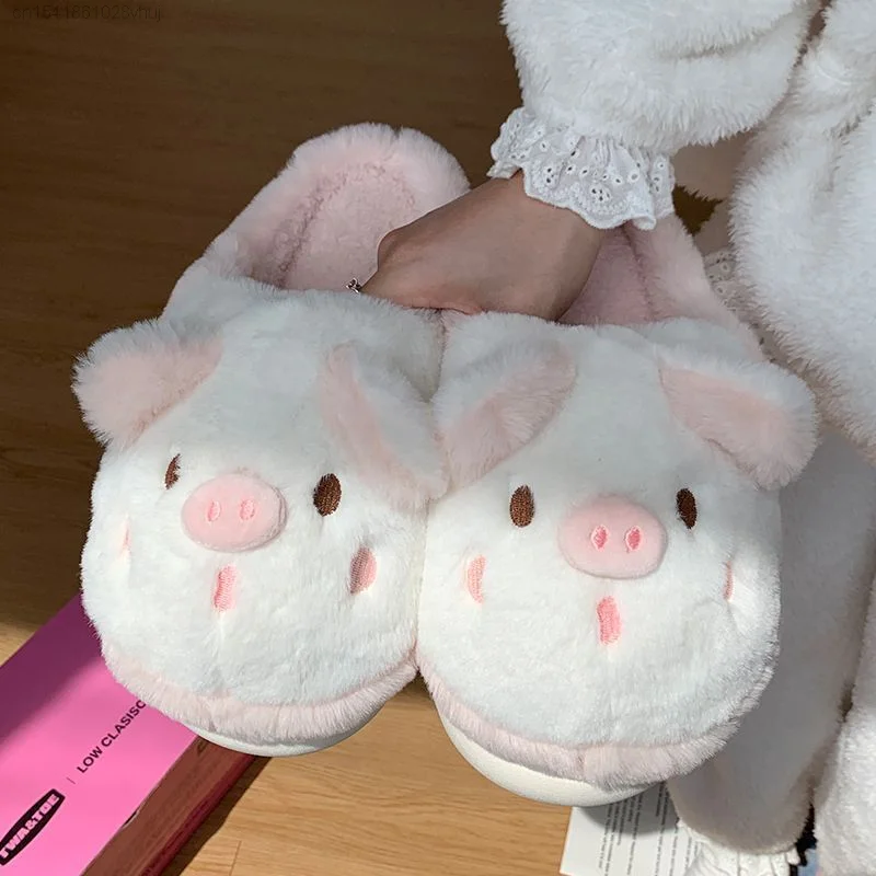 Cute Pig Cotton Slippers For Women Winter Kawaii Plush Home Wear Non Slip White Pink Slippers Female Aesthetic Traf Shoes Y 2k