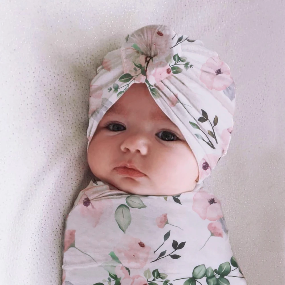 

Ylsteed 90CM Baby Swaddle Blanket Turban Hat Headband Set Infant Photo Props Newborn Receiving Blanket Shooting Swaddle Wrap