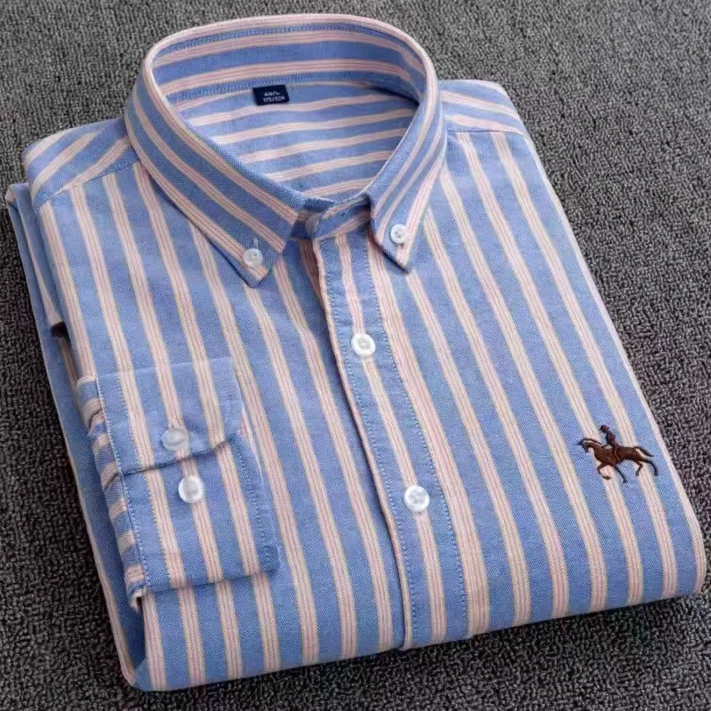 

Stripe Embroidery New Fashion Men Shirts Long Sleeve Cotton Oxford Soft Comfortable Regular Fit Camisa Social Man Dress Shirt