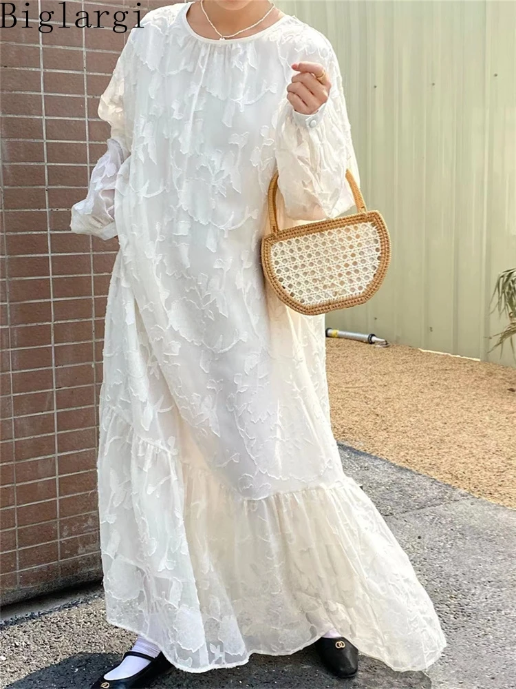 Korea Spring Summer Women Casual Loose White Dress Woman Pullover Ruffes Dress Chic Ladies Womens Chiffon Print Long Dresses