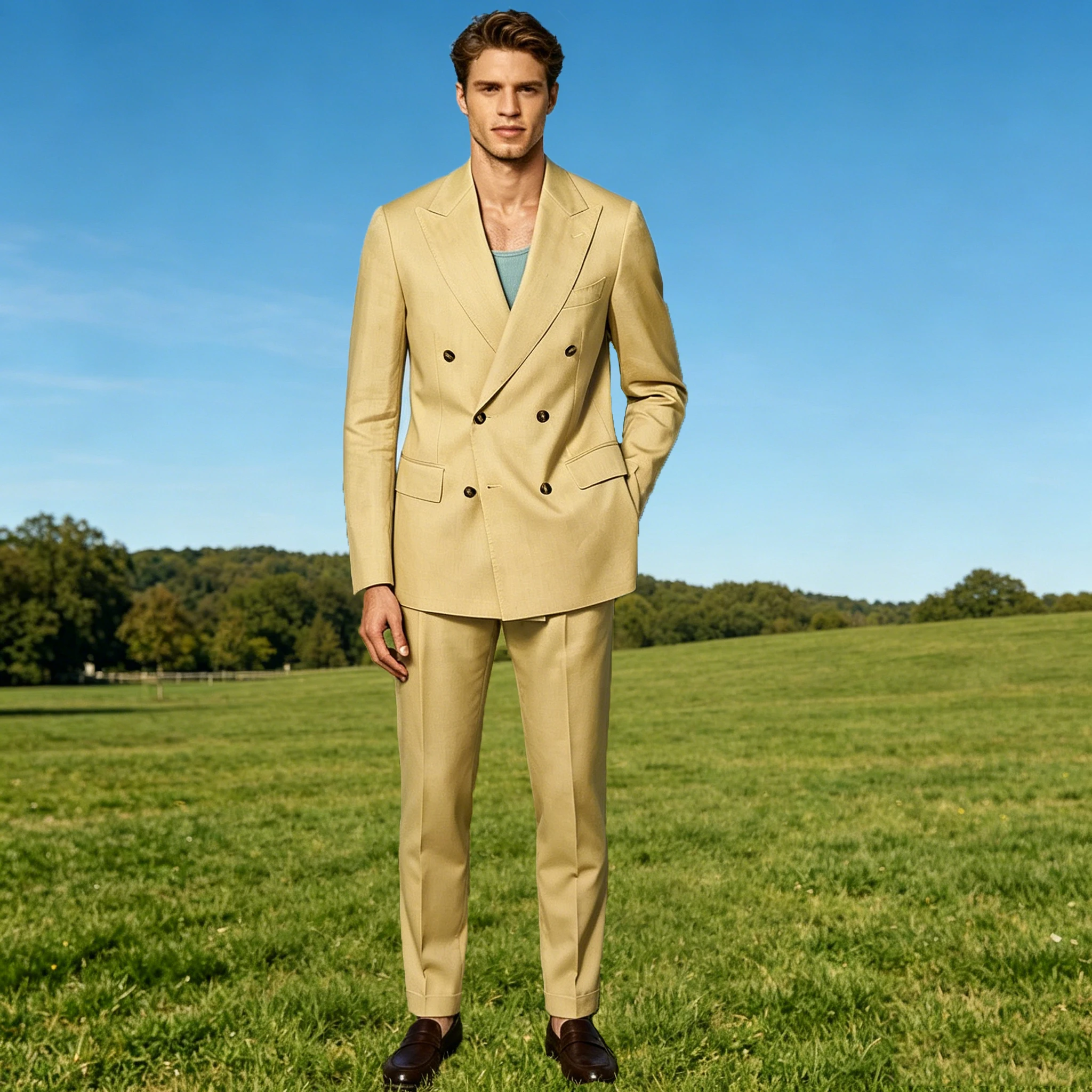 

Men's Half Lined Linen Suit 2 Piece Blazer Pants Set Slim Fit Double Breasted Business Casual Jacket Trousers Summer Outfit