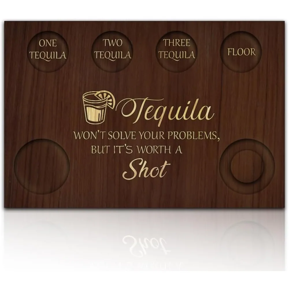 Word Tequila Shot Glasses Serving Tray Wooden Flight Tray Glass Holder with Lemon Salt Rim Shot Glasses Board for Bar Restaurant