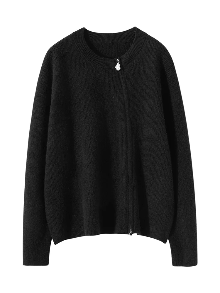 Korean Women’s Cashmere Sweater O-Neck Pullover 100% Cashmere Diagonal Zipper Cardigan Knitted Autumn Winter Thick Warm Clothes