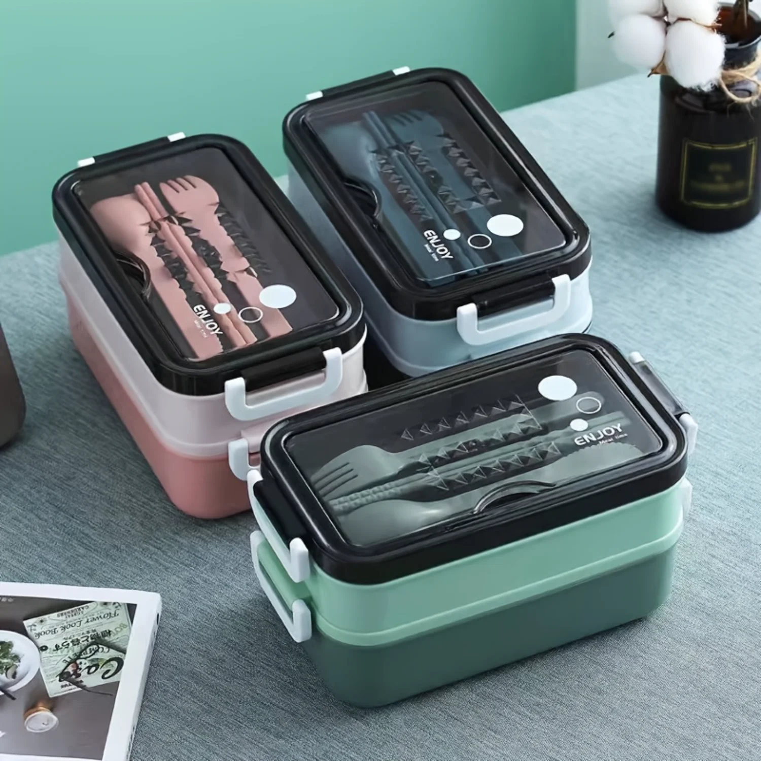 

Plastic Double-layer Lunch Box With Cutlery, Microwave Oven Bento Box, Leakproof Food Container, For Back To School, School Supp