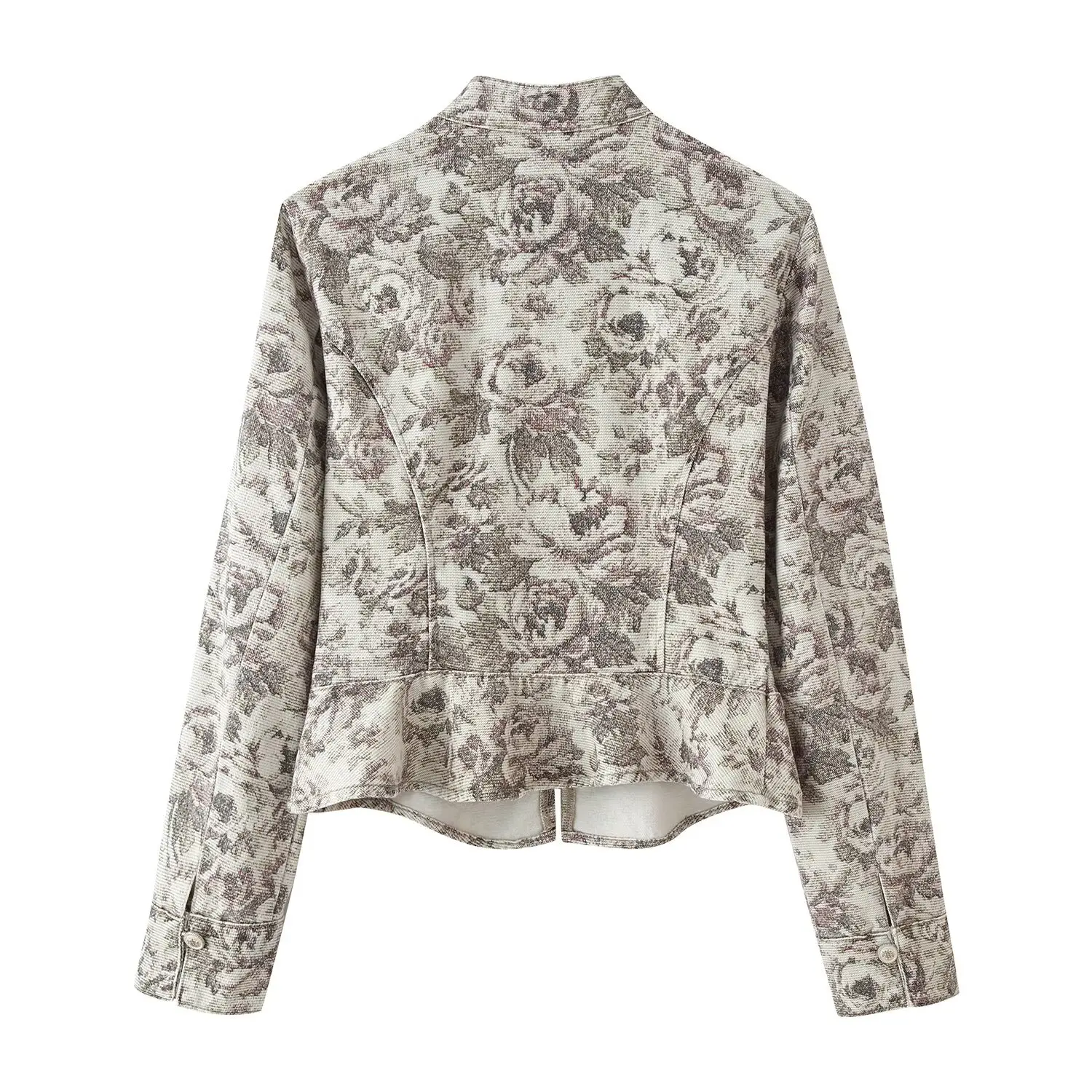 DUOPERI Women New Chinese Style Floral Jacquard Jacket Stand Collar With Ruffle Hem Female Chic Lady Vintage coat
