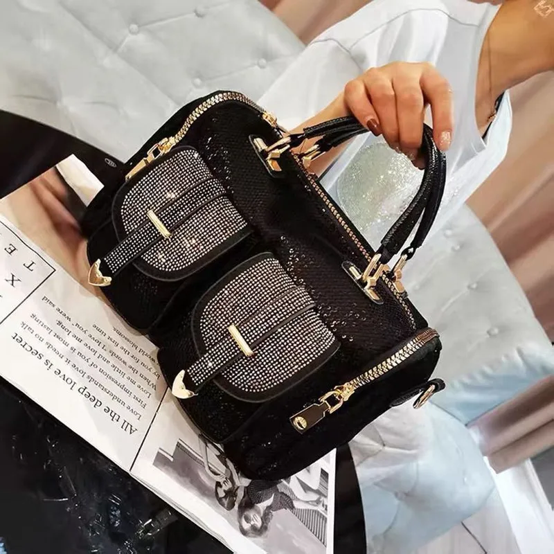 Fashion Women Mesh Netting Iridescent Paillette Rhinestone Messenger Bag Lady Casual Shiny Office Pockets Portable Handbag