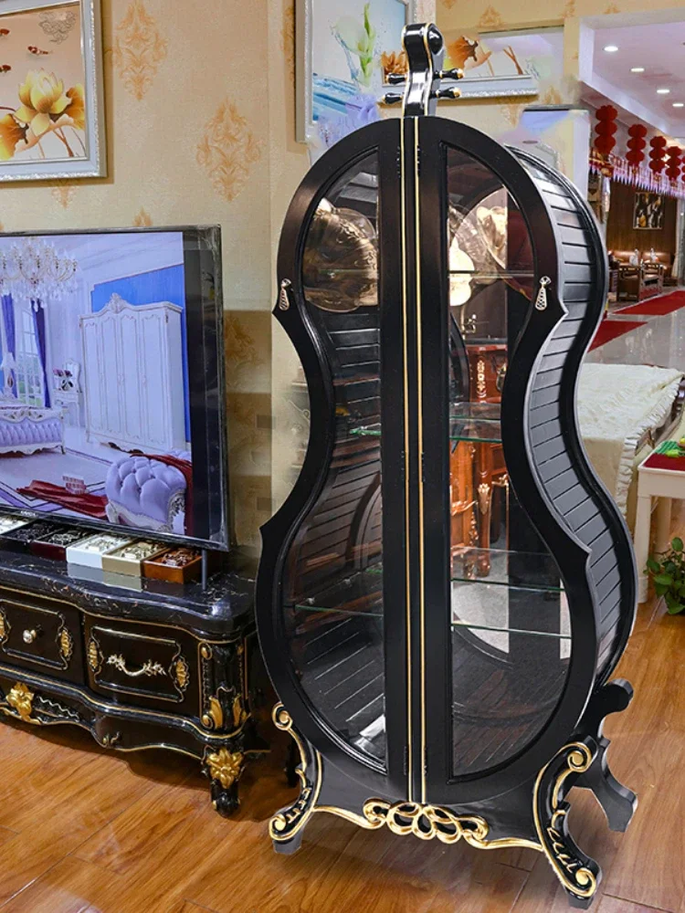 Violin Wine Cabinet Solid Wood Carved Glass Double Door Living Room