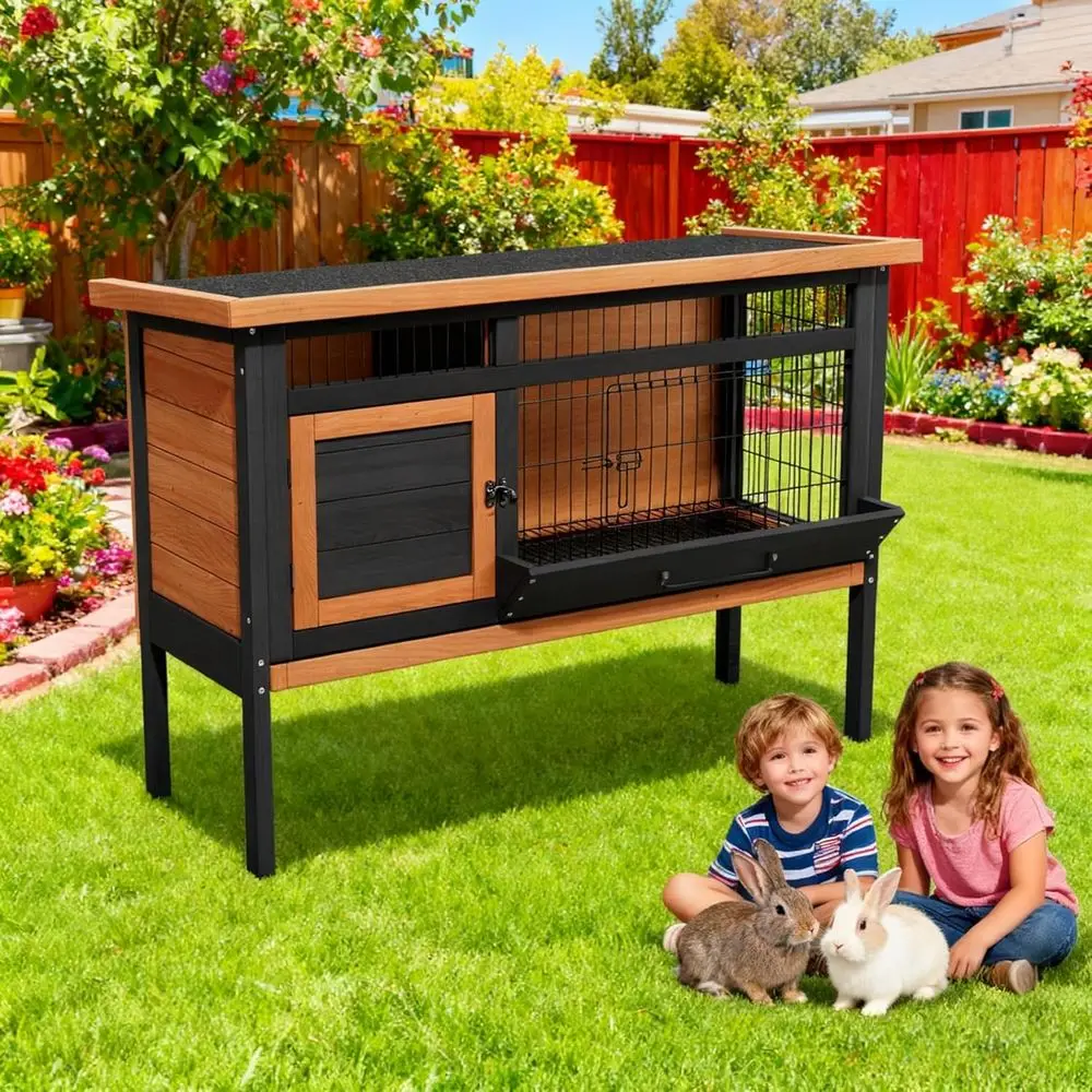 Приподнятая деревянная хижина для кроликов для внутреннего и наружного использования — 43,3 маленького домика для животных с герметичным подносом, зоной для кормления и открытой крышей
