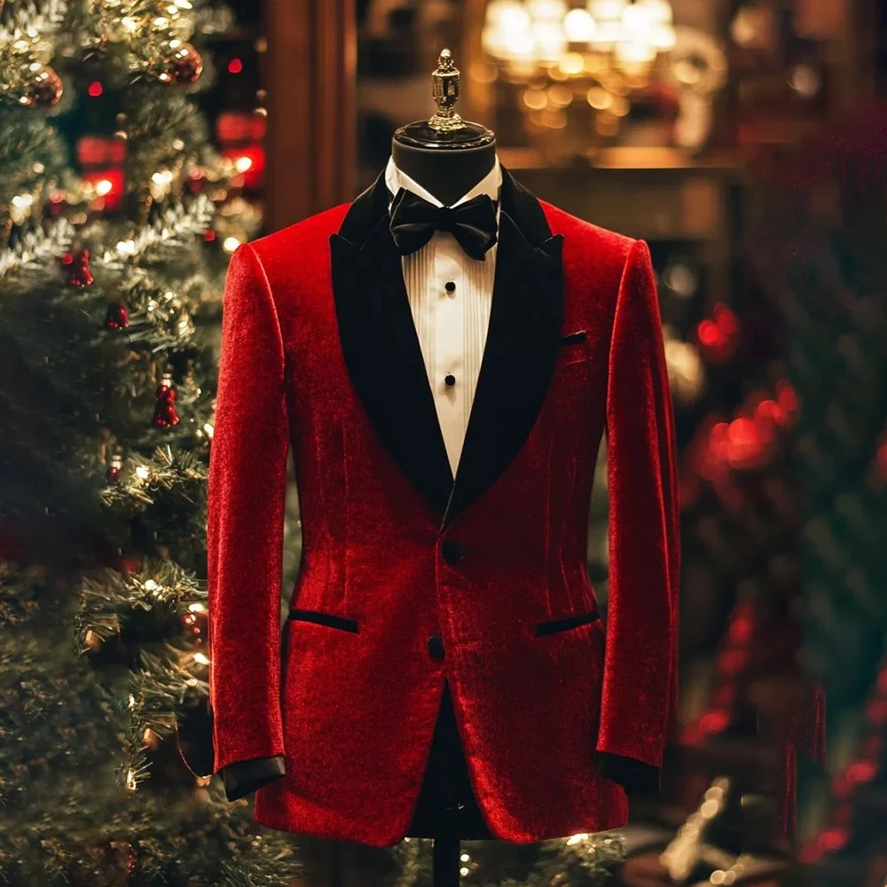 

Bespoke Men's Suits Velvet Single Breasted Peak Lapel Slim Fit 2 Piece Jacket Pants Full Set Elegant Wedding Male Clothing